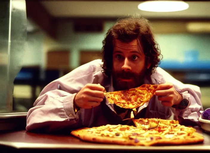 Image similar to portrait of charlie kaufman eating pizza at chuck - e - cheese with sloppy cheesy sauce getting slopped up all over the place, dramatic lighting, moody film still from being john malkovich ( 2 0 0 1 ), 3 5 mm kodak color stock, 2 4 mm lens, directed by spike jonze, ecktochrome