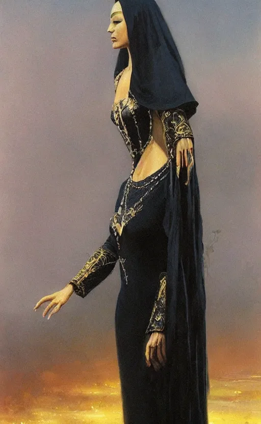Prompt: an oil painting of a queen in a black funeral dresst, by bruce pennington