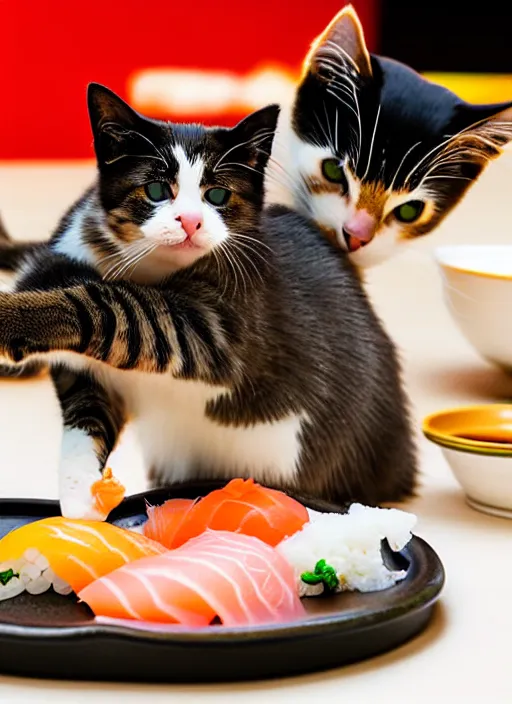 Image similar to clear photograph of cute cats stealing sushi from sushi plates