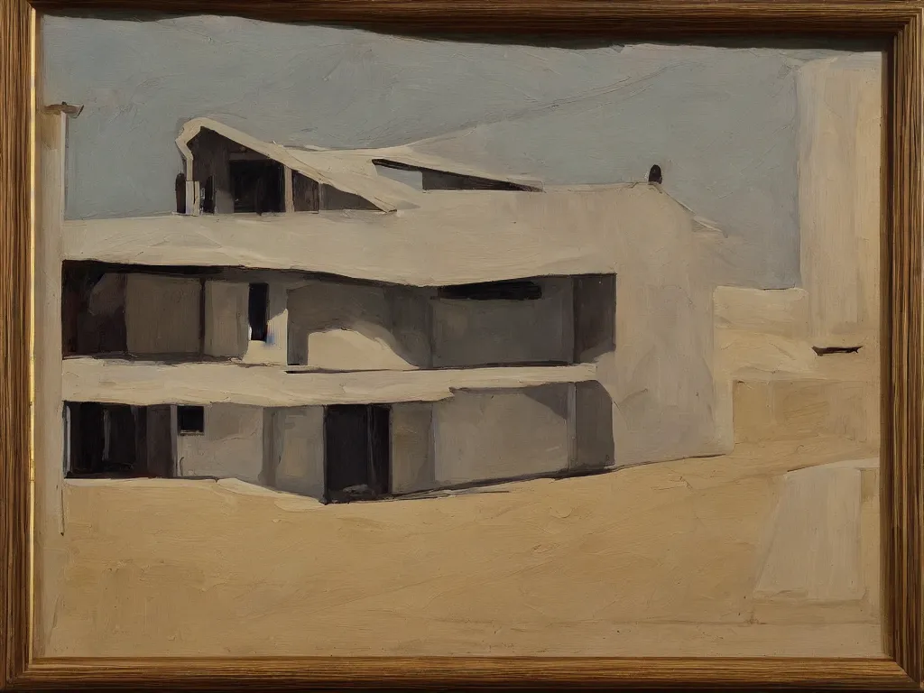 Prompt: painting of a house in the altiplanic plain designed by alvar aalto, amazing lighting, oil painting, highly detailed