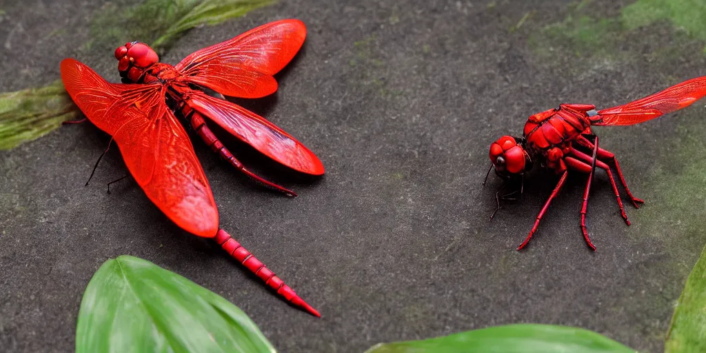 Image similar to a hyperrealistic cyborg red dragonfly with glowing neon electronics rests on a hosta leaf, UHD, 8K HDR, boken, dof, nature photograph