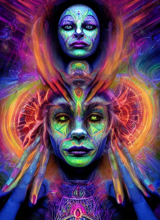 Prompt: tripping magic cult psychic woman, painted face, third eye, energetic consciousness psychedelic, epic surrealism expressionism symbolism, ultra high definition, unreal engine 5, volumetric lighting cinematic ray trace photorealism, symmetrical face, dark myth mythos, by alex grey, masterpiece