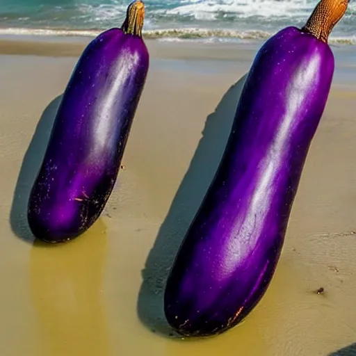 Image similar to huge eggplant sunbathing on the beach among people, photo,