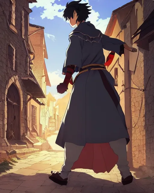 Image similar to key anime visual portrait of a young male warlock walking through a medieval village, dynamic pose, dynamic perspective, detailed silhouette, film grain, face by yoh yoshinari, detailed, intricate