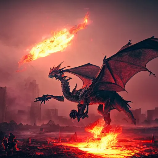 Prompt: post apocalyptic earth with fire everywhere and destroyed buildings with a dragon flying above breathing fire, surreal, sharp focus, digital art, epic composition, concept art, dynamic lighting, intricate, highly detailed, 8 k, unreal engine, blender render
