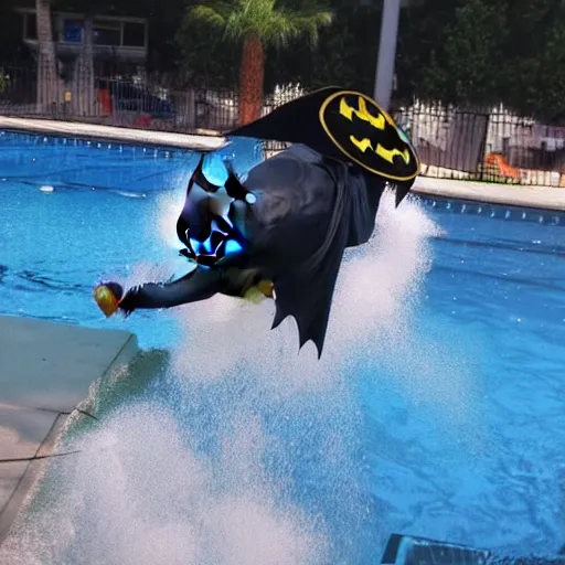 Image similar to batman doing a dive in the local pool