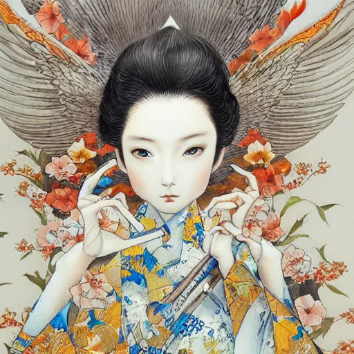 Image similar to highly detailed japanese watercolor painting of an angel in flight, intricate, elegant, digital painting, artstation, ayami kojima