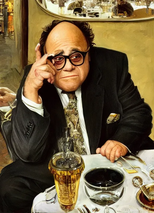 Image similar to danny devito sitting across the camera wearing a black choker staring into the camera, point of view, expensive restaurant, intricate, elegance, highly detailed, shallow depth of field, artgerm, donato giancola, joseph christian leyendecker