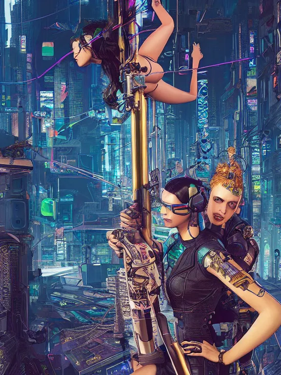 Image similar to a cyberpunk 2077 illustration half body portrait of two female android pole dancer queen,complex mess of cables and wires behind them connected to giant computer, film lighting, by laurie greasley,Lawrence Alma-Tadema,William Morris,Dan Mumford, trending on atrstation, full of color, mythological, high detailed,golden ratio,cinematic lighting