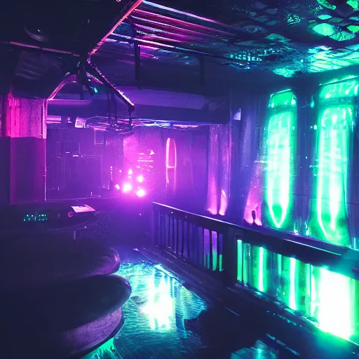 Image similar to underground club, secret, cyberpunk dance music, lights, ambiance