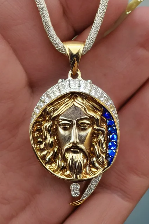 Image similar to this gold jesus pendant upgraded in platinum and sapphires where there are diamonds. high shine jewelry