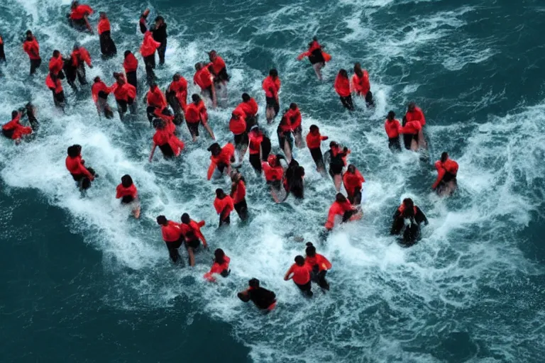 Prompt: limbus with a horde of office managers attacking the ocean, photorealistic, 8 k