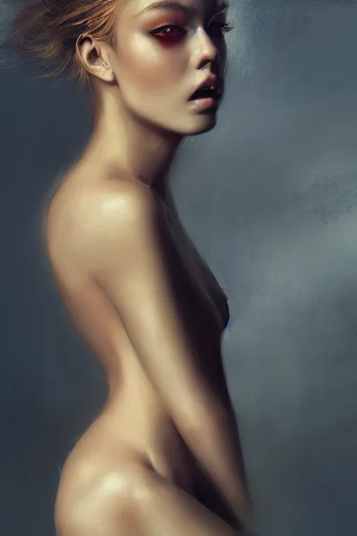 Image similar to girl portrait painting by ruan jia, Kenneth Willardt, ross tran, WLOP, Andrei Riabovitchev, golden skin, mystery background, harper's bazaar, vogue, magazine, concept art, ornate, luxury, elite, elegant, trending on artstation ,