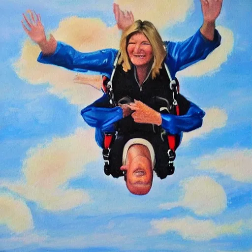 Prompt: painting of martha Stewart skydiving enthusiastically