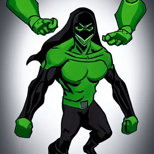 Image similar to dark - skinned superhero with a black suit and very minimal green details, his power comes from a ring that gives him mutant - like powers and a spectacular mask as a weapon he has an expandable staff. he wears no cape. he has a belt as a feline tail.