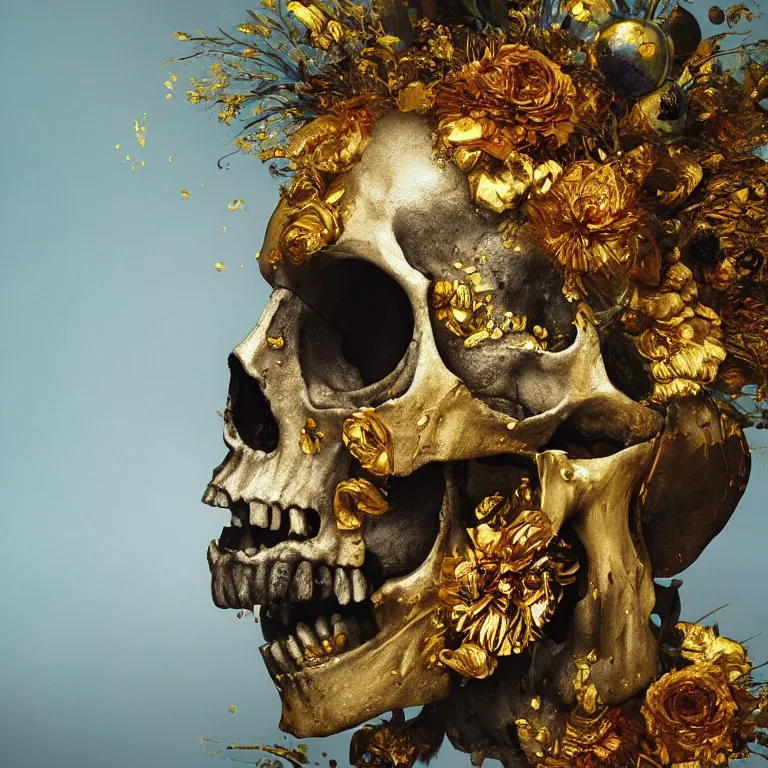 Image similar to A beautiful oil painting hyperrealism of a decayed black head, rotting black clay skin, skull bones, gold flowers, gold floral headdress, 8k resolution, octane render, Trending on artstation, by Gediminas Pranckevicius, volumetric light 2blue fractal Thunder glow by dan mumford, anaglyph effect, Laurie Lipton