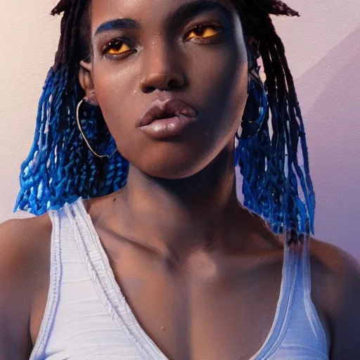 Image similar to A black woman with blue and brown ombre hair wearing a crocheted crop-top, illustrated by Greg Rutkowski, photorealistic portrait, trending on artstation, artstationHQ, artstationHD, dappled lighting,