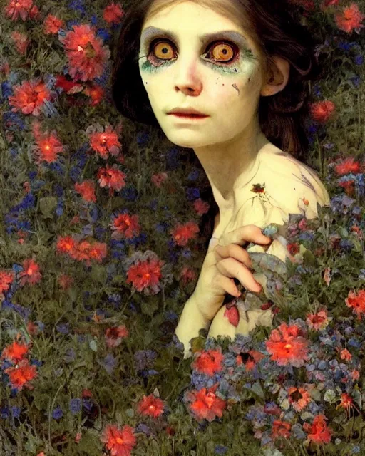Prompt: a pretty but sinister and creepy goblin in layers of fear, with haunted eyes, violence in her eyes, 1 9 7 0 s, seventies, delicate embellishments, a little blood, small town, blue dawn light shining on wildflowers, painterly, offset printing technique, by walter popp, alexandre cabanel