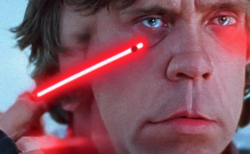 Image similar to screenshot close up portrait of Luke Skywalker's face with a red lightsaber inches away from slicing him, iconic scene from 1983 film by Stanley Kubrick, last jedi, 4k HD, movie still, explosions, cinematic lighting, beautiful portrait of Mark Hammill, moody scene, stunning cinematography, anamorphic lenses, kodak color film stock