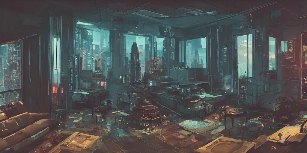 Image similar to cyberpunk noir apartment interior overview mapa design, Moebius, Greg Rutkowski, Zabrocki, Karlkka, Jayison Devadas, Phuoc Quan, trending on Artstation, 8K, ultra wide angle, pincushion lens effect.