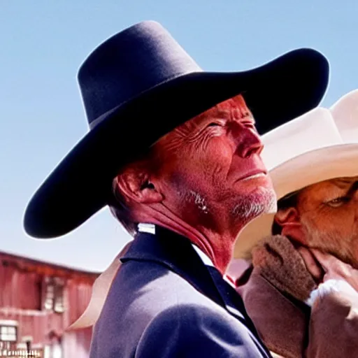 Image similar to donald trump as clint eastwood squinting at high noon in the style of a clint eastwood movie, the good, the bad and the ugly, clint eastwood, steven seagal, bud spencer, donald trump, glory days, american flag, patriotism