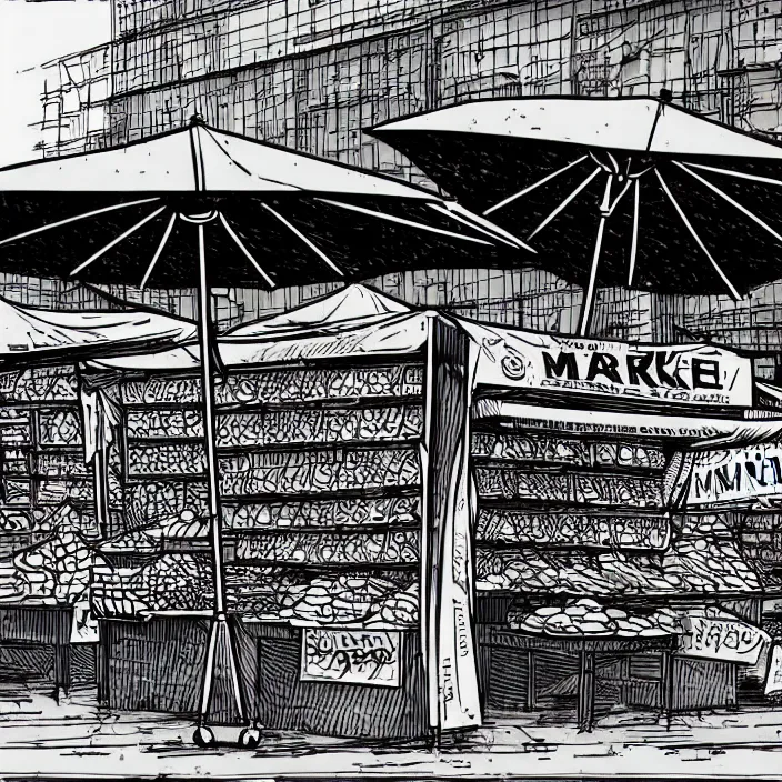 Image similar to close view of a market stall. folded umbrellas for sale on the stall. set in a square. background of an old soviet monument. storyboard, scifi cyberpunk. by gabriel hardman, joe alves, chris bonura. cinematic atmosphere, detailed and intricate, perfect anatomy