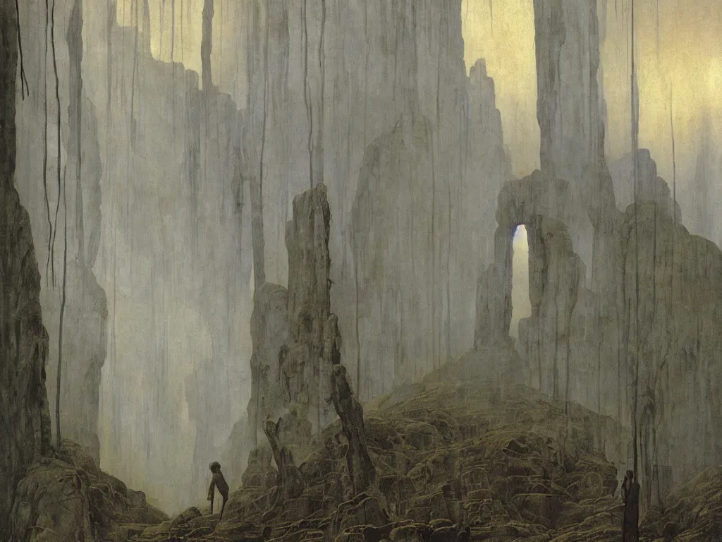 Prompt: Giant marble cracked primitive sculpted god in a ravine, fog, melancholy, noise, surreal canopy, Harsh, golden light, rain. Painting by Caspar David Friedrich, Peter Doig, Yves Tanguy.