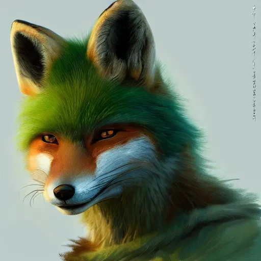 Prompt: a anthropomorphic fox warrior, green fur, diffuse lighting, fantasy, intricate, elegant, highly detailed, lifelike, photorealistic, digital painting, artstation, illustration, concept art, smooth, sharp focus, naturalism, trending on byron's - muse, by greg rutkowski and greg staples and magali villeneuve