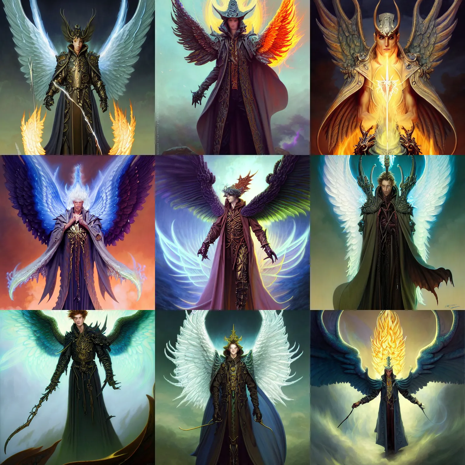 Prompt: fantasy character portrait, seraph longcoat male warlock with burning angel wings, ultra realistic, wide angle, intricate details, aurora artifacts, sharp focus, highly detailed by peter mohrbacher, hajime sorayama, wayne barlowe, boris vallejo, aaron horkey, gaston bussiere, craig mullins