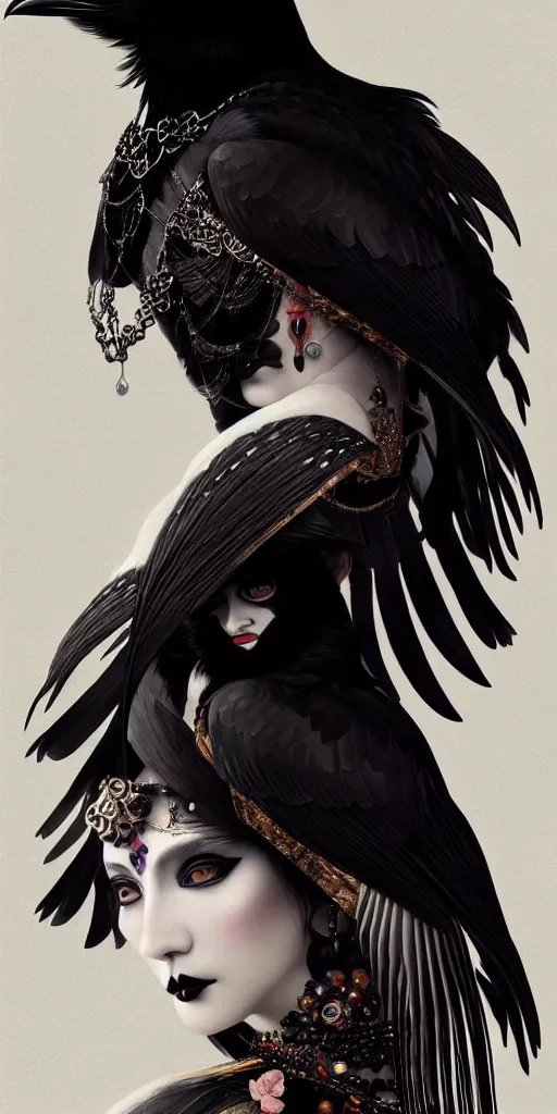 Prompt: breathtaking detailed concept art painting art deco portrait of a goth goddess amalgamation raven, by hsiao - ron cheng, bizarre compositions, exquisite detail, extremely moody lighting, 8 k