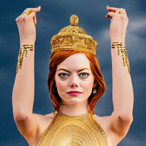 Image similar to Emma Stone as a Greek Goddess, Sony a7R IV, symmetric balance, polarizing filter, Photolab, Lightroom, 4K, Dolby Vision, Photography Award