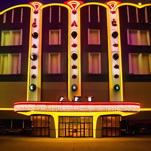 Prompt: art deco movie theater palace at night, dramatic light