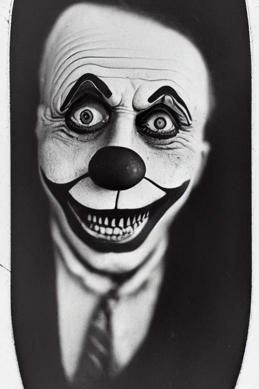 Prompt: old realistic photo of face of a clown, photograph, early 1 9 0 0's, black and whitehighly detailed, matte, sharp focus, smooth, sharp focus, illustration