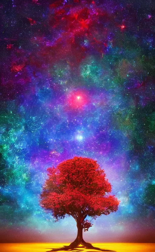 Prompt: tree of life, stars in the night sky, beautiful, vibrant color scheme, multicolored, visual contrast, light rays, ethereal beams, godly, awe inspiring, cosmic, astronomical, transcendent, fantasy, magical, volumetric lighting, epic composition, dramatic lighting, golden ratio, cinematic composition, 8k, octane render, artstation