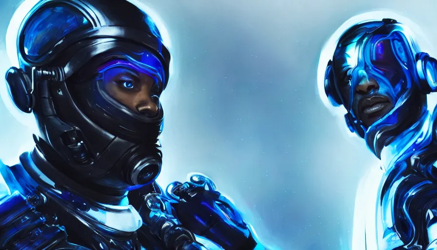 Prompt: will smith in futuristic black armor with blue lights in it, white background, hyperdetailed, artstation, cgsociety, 8 k