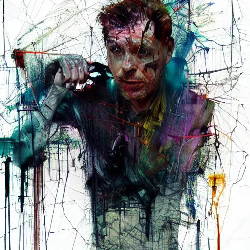 Image similar to man stealing the energy from another man, wires, cybernetic machines and decay moody hyperrealism 8 k photo atmospheric by jeremy mann francis bacon and agnes cecile ink drips paint smears digital glitches glitchart