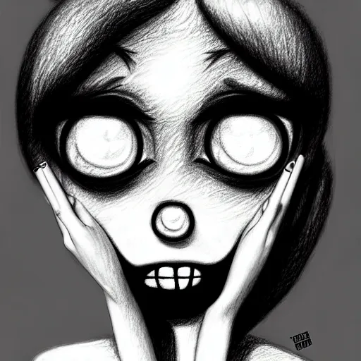 Image similar to pencil drawing of the coke logo personified as a soda themed girl in the style of the lavender towne, large creepy eyes, extremely detailed and colorful eyes, digital art, deviant art, soda themed girl, hyper detailed eyes, money sign pupils, tim burton, scratchy lines, junji ito, gorrilaz, her forehead has the coke logo carved into it