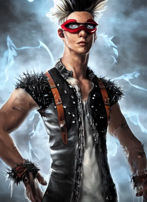 Prompt: An epic fantasy comic book style portrait painting of young man with long red spiked hair. Wearing a black waistcoat, white shirt, using googles. Rockstar. Blasting fire on his hands. Unreal 5, DAZ, hyperrealistic, octane render, cosplay, RPG portrait, dynamic lighting