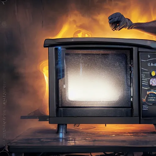 Image similar to cyborg toaster oven repairman, dark messy smoke - filled cluttered workshop, dark, dramatic lighting, orange tint, sparks, plasma rays, cinematic, highly detailed, sci - fi, futuristic, movie still, rule of thirds composition