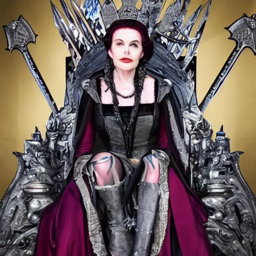 Image similar to 8k photo of an evil queen, sitting on a throne of swords