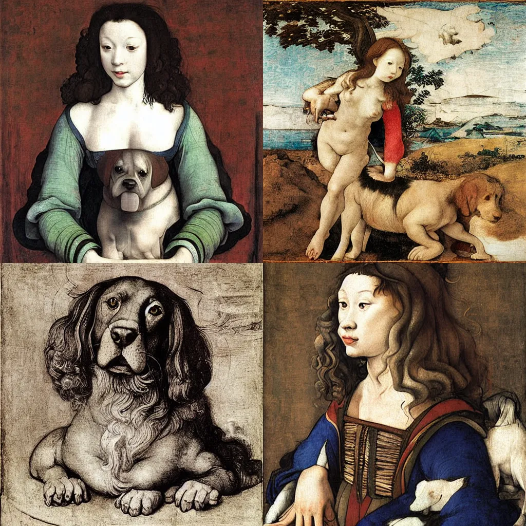 Prompt: dog by Sandro Botticelli by Leonardo da Vinci by Albrecht Dürer by Michelangelo by Raphaelby Caravaggio by Peter Paul Rubens by Artemisia Gentileschi by Gian Lorenzo Bernini by Diego Velázquez by Rembrandt by Jan Vermeer by Katsushika Hokusai by Utagawa Hiroshige by Eugène Delacroix by Édouard Manet by Edgar Degas by Paul Cézanne by Claude Monet by Mary Cassatt by Paul Gauguin by Vincent van Gogh by Gustav Klimt by Henri Matisse by Pablo Picasso by Amadeo Modigliani by Diego Rivera by Georgia O’Keeffe by René Magritte by Mark Rothko by Salvador Dalí by Frida Kahlo by Jackson Pollock by Andy Warhol by Jean-Michel Basquiat by Yayoi Kusama by Ai Weiwei by Keith Haring by Takashi Murakami by Banksy