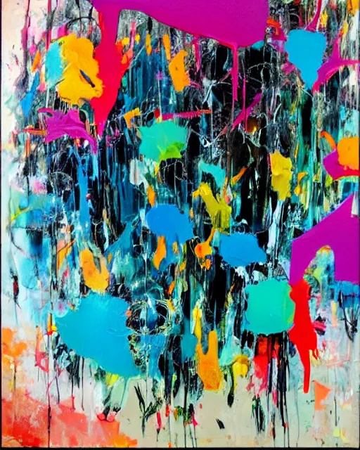 Image similar to abstract expressionist painting, paint drips, acrylic, wildstyle, clear shapes, maximalism, smeared flowers, large triangular shapes