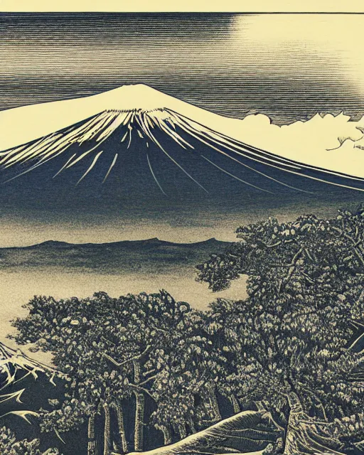 Prompt: an award winning Wood engraving on paper of Mount Fuji, HDR