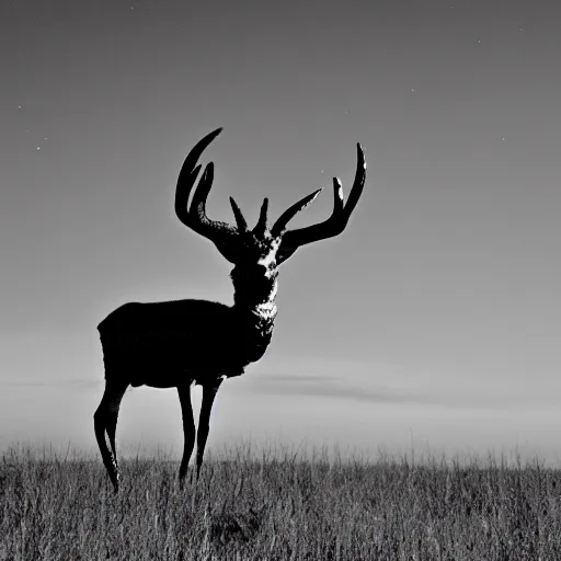 Image similar to alien riding on the back of a deer, grainy trail cam, low detail, noisy, low light, black and white