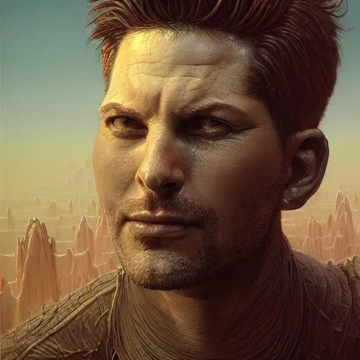 Image similar to a portrait of Ben Wyatt from Parks and Rec. sci-fi concept art by giger and beksinski and szukalski and wlop and pete mohrbacher, digital art, highly detailed, intricate, horror, sharp focus, Trending on Artstation HQ, deviantart, unreal engine 5, 4K UHD image