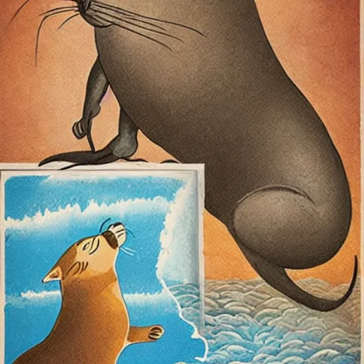 Prompt: a poster of a cat hitting a sea lion