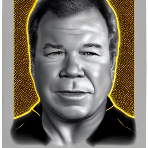 Image similar to william shatner wearing a gold shirt with black collar, digitla art