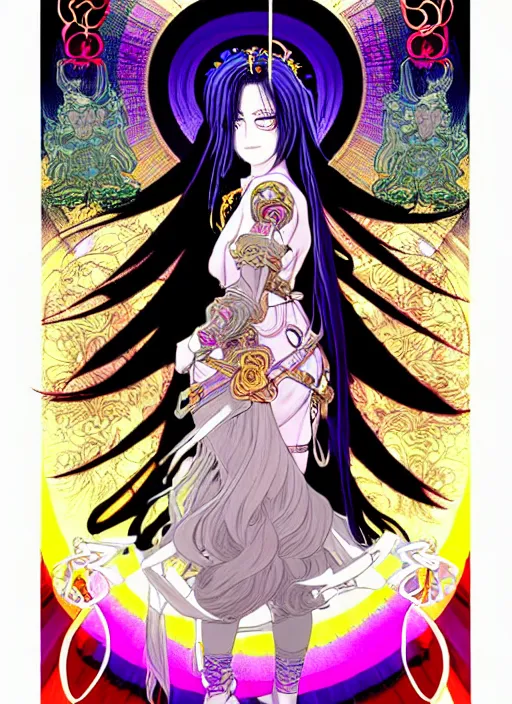 Image similar to highly detailed terada katsuya legend of the cryptids atrstation manga poster of princess mechine, anotherwanderer, rainbow gradient reflection, long hair, armor, dress, laces, ruffles, 8 k, maximalist, golden ratio, alphonse mucha