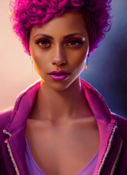 Image similar to portrait of vanessa morgan with bright pink hair, curly pixie cut hair, wearing a purple breton cap, breton cap, hoop earrings, intricate, elegant, glowing lights, highly detailed, digital painting, artstation, concept art, smooth, sharp focus, illustration, art by wlop, mars ravelo and greg rutkowski