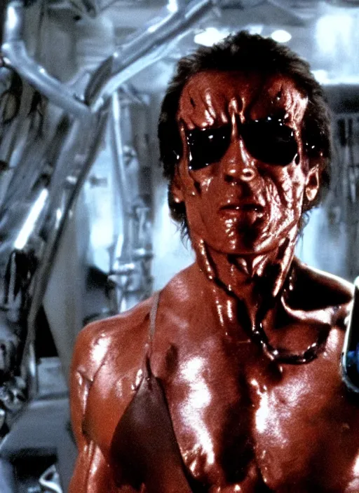 Prompt: film still of Silvester Stalone as The Terminator in The Terminator, 4k